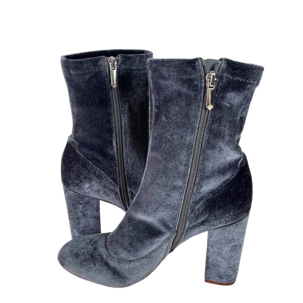 Sam Edelman Booties Womens 8.5 Blue Gray Calexa Velvet Sock Block Heel Side Zip